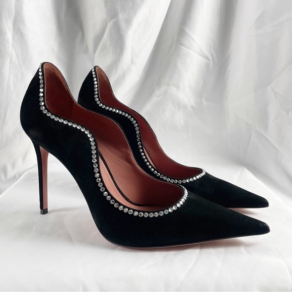 Amina Muaddi Romy Crystal Suede Leather Pointed Toe Pumps EU 38.5 US 8.5 Black - Picture 6 of 10